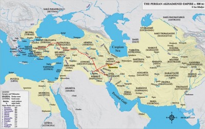 Figure 1. The Persian Empire in 500 BC, with the Royal Road from Susa to Sardis, and Ragai to Opis; the location of Hamedan (Hegmataneh) is also indicated (© Ian Mladjov: https://sites.google.com/a/umich.edu/imladjov/maps with modifications).